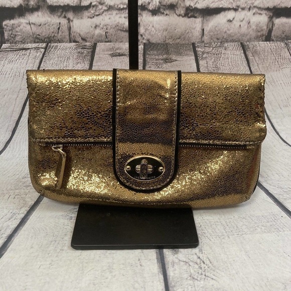 Jackie Smith Gold Metallic Fold over‎ Clutch Evening Bag 10 X 6 - Picture 1 of 7